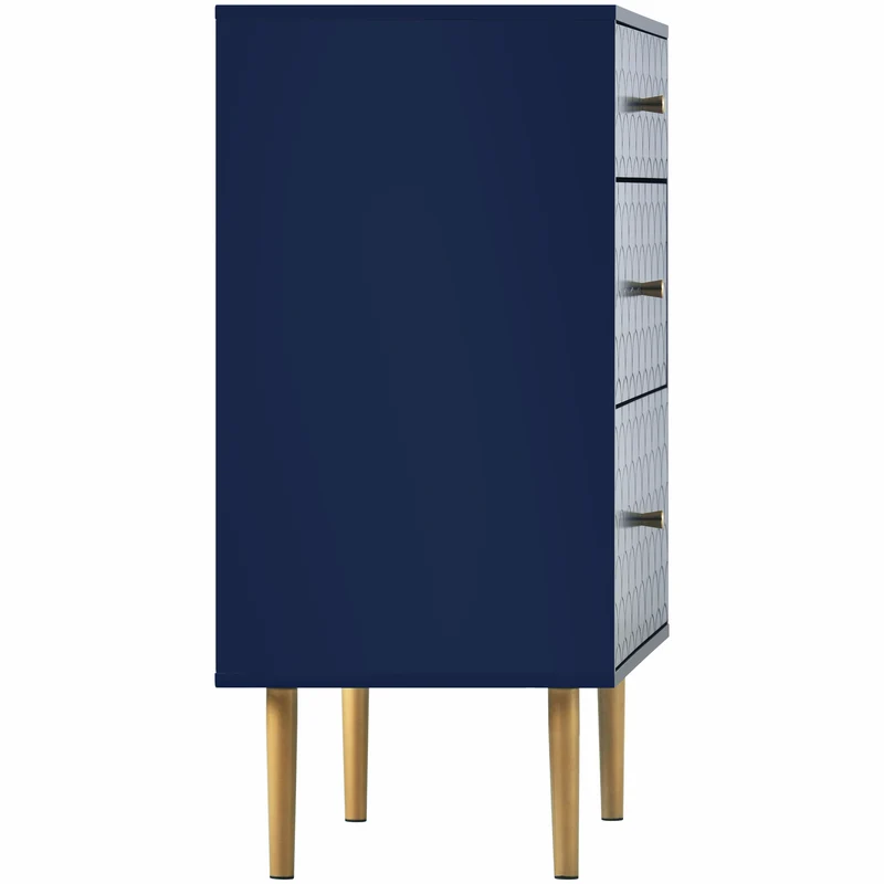 Commode buffet haut avec 3 tiroirs bleu marine motif d'écailles pieds dorés H89/L75/P40 cm KAUGZUN