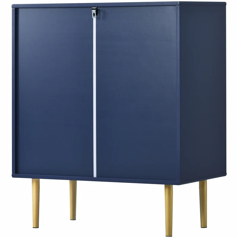 Commode buffet haut avec 3 tiroirs bleu marine motif d'écailles pieds dorés H89/L75/P40 cm KAUGZUN