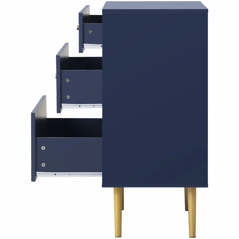 Commode buffet haut avec 3 tiroirs bleu marine motif d'écailles pieds dorés H89/L75/P40 cm KAUGZUN