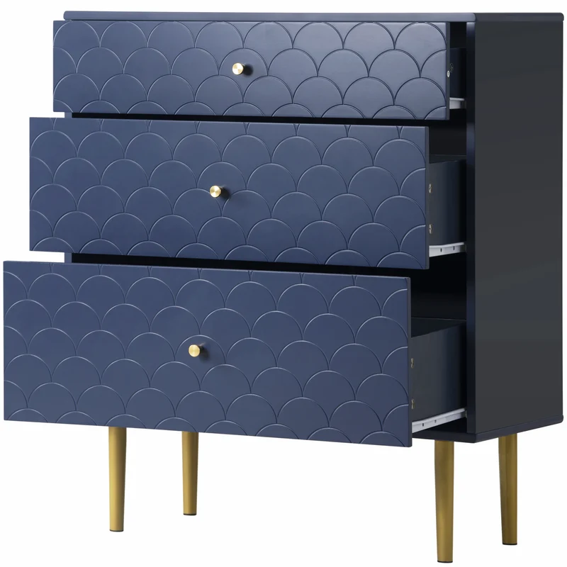 Commode buffet haut avec 3 tiroirs bleu marine motif d'écailles pieds dorés H89/L75/P40 cm KAUGZUN
