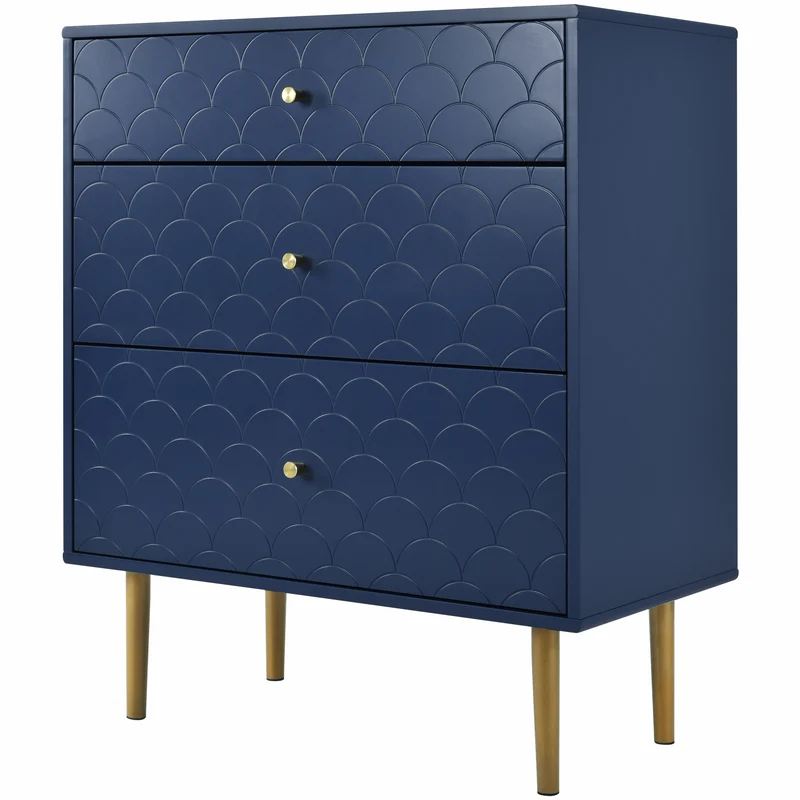 Commode buffet haut avec 3 tiroirs bleu marine motif d'écailles pieds dorés H89/L75/P40 cm KAUGZUN