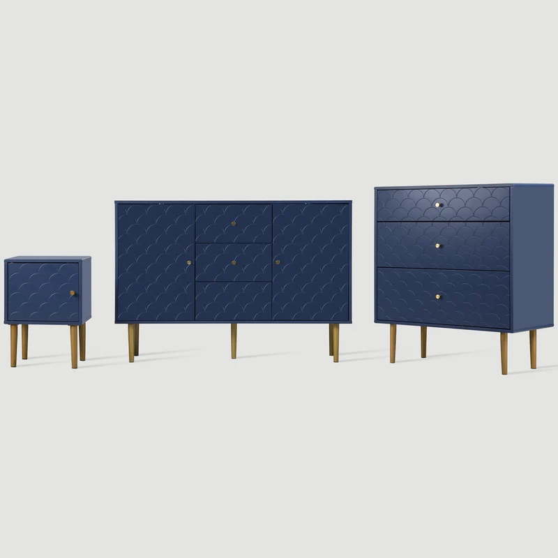 Commode buffet haut avec 3 tiroirs bleu marine motif d'écailles pieds dorés H89/L75/P40 cm KAUGZUN