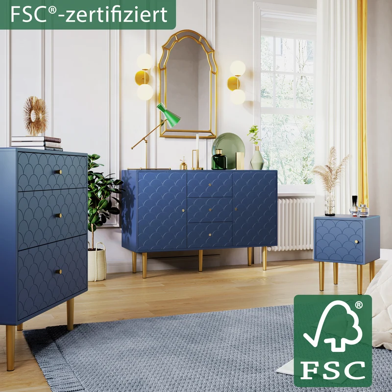 Commode buffet haut avec 3 tiroirs bleu marine motif d'écailles pieds dorés H89/L75/P40 cm KAUGZUN