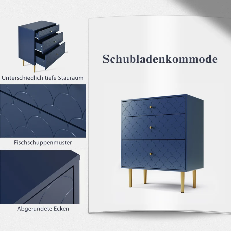 Commode buffet haut avec 3 tiroirs bleu marine motif d'écailles pieds dorés H89/L75/P40 cm KAUGZUN