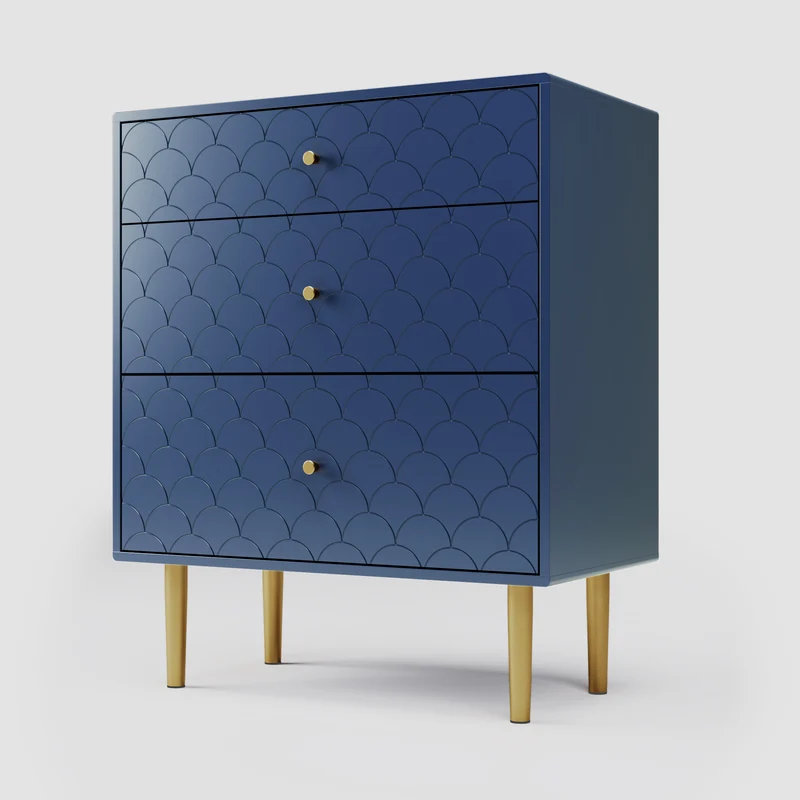 Commode buffet haut avec 3 tiroirs bleu marine motif d'écailles pieds dorés H89/L75/P40 cm KAUGZUN