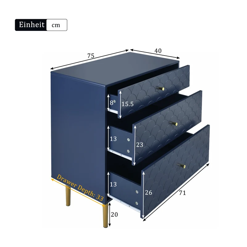 Commode buffet haut avec 3 tiroirs bleu marine motif d'écailles pieds dorés H89/L75/P40 cm KAUGZUN