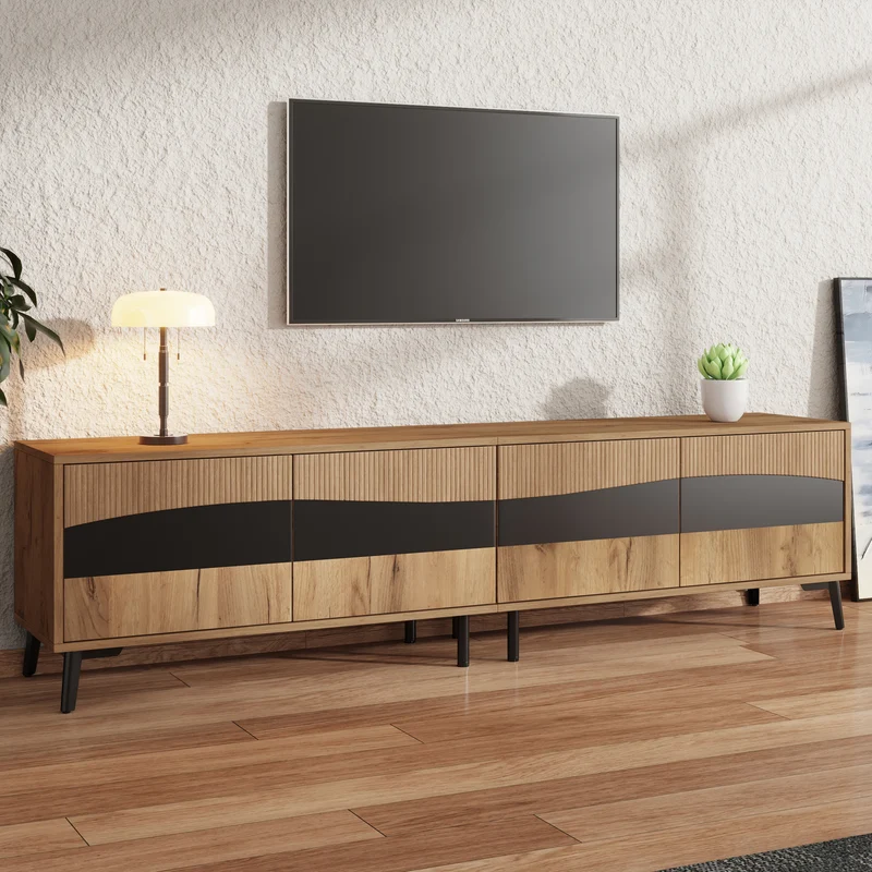 Meuble TV effet bois design symétrique 4 portes 180x40x50cm RIFTKAELISYNATH
