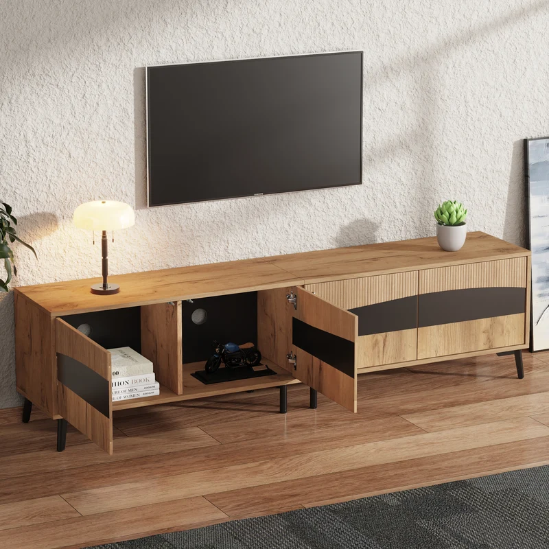 Meuble TV effet bois design symétrique 4 portes 180x40x50cm RIFTKAELISYNATH