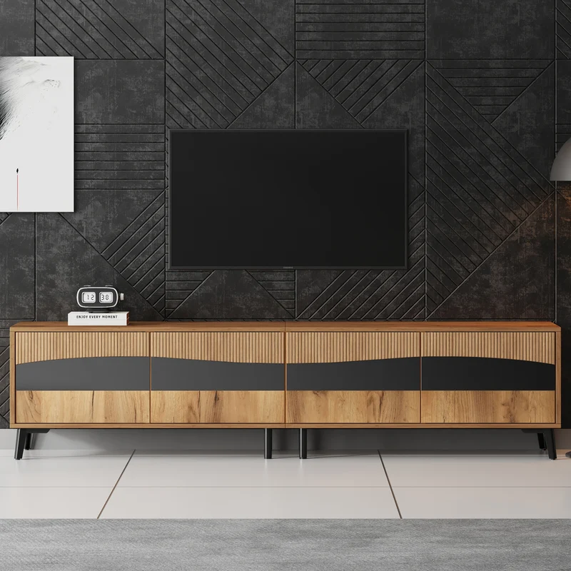 Meuble TV effet bois design symétrique 4 portes 180x40x50cm RIFTKAELISYNATH