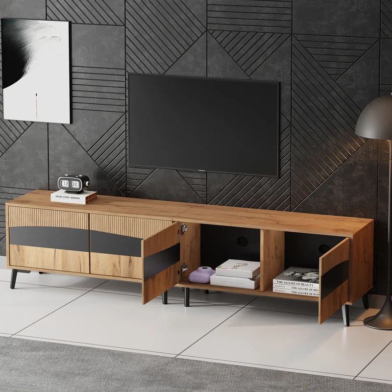 Meuble TV effet bois design symétrique 4 portes 180x40x50cm RIFTKAELISYNATH