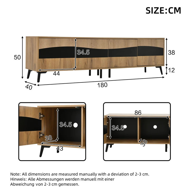 Meuble TV effet bois design symétrique 4 portes 180x40x50cm RIFTKAELISYNATH