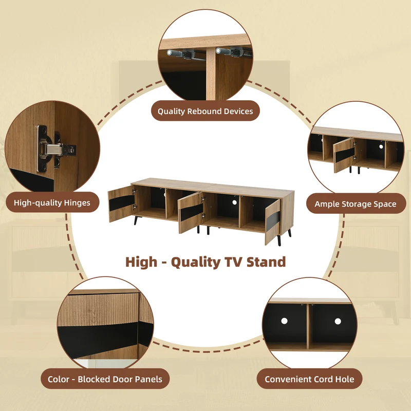 Meuble TV effet bois design symétrique 4 portes 180x40x50cm RIFTKAELISYNATH