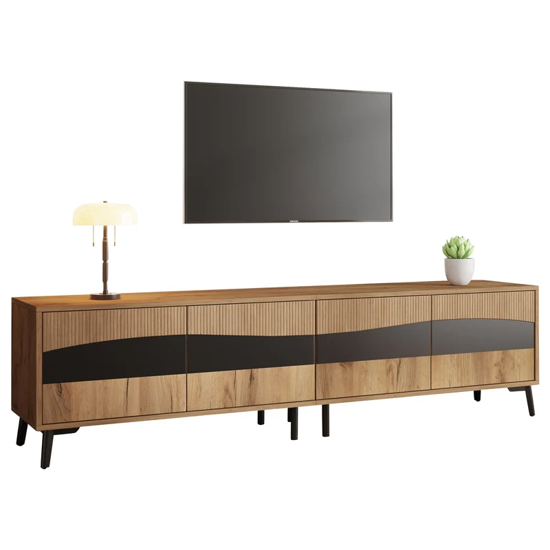 Meuble TV effet bois design symétrique 4 portes 180x40x50cm RIFTKAELISYNATH