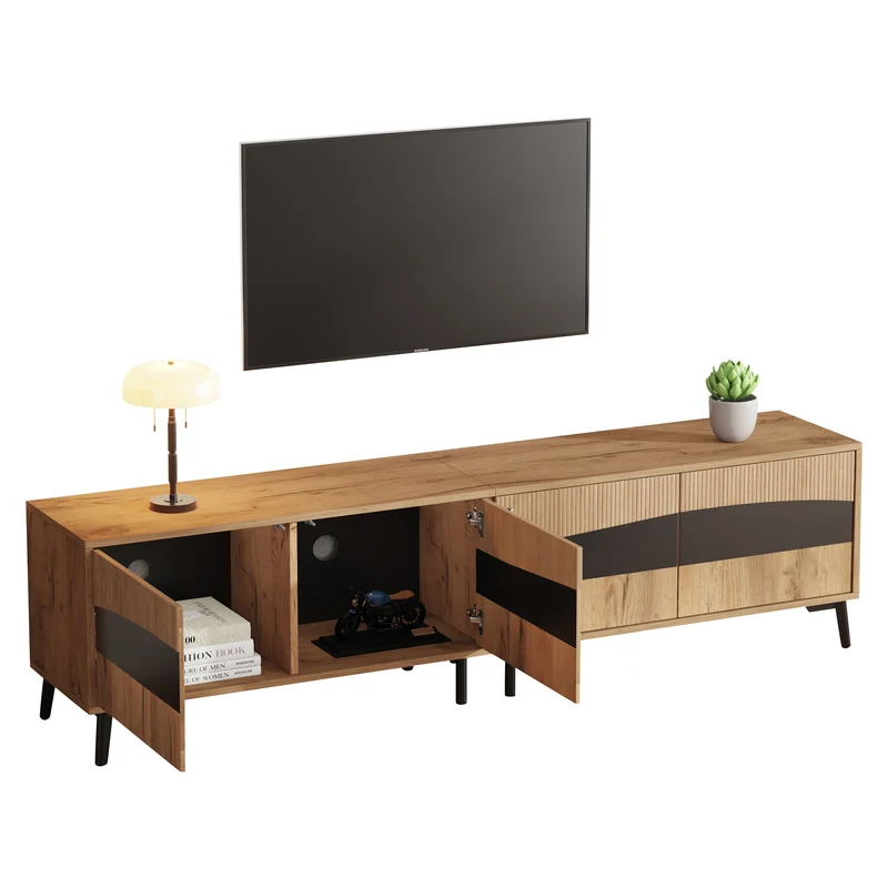 Meuble TV effet bois design symétrique 4 portes 180x40x50cm RIFTKAELISYNATH