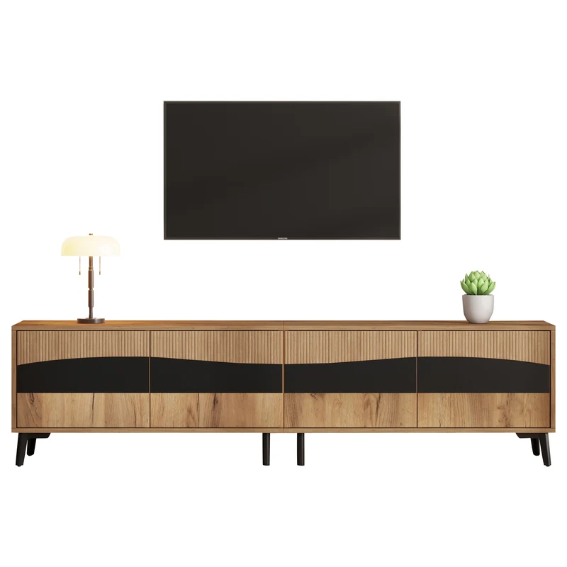 Meuble TV effet bois design symétrique 4 portes 180x40x50cm RIFTKAELISYNATH