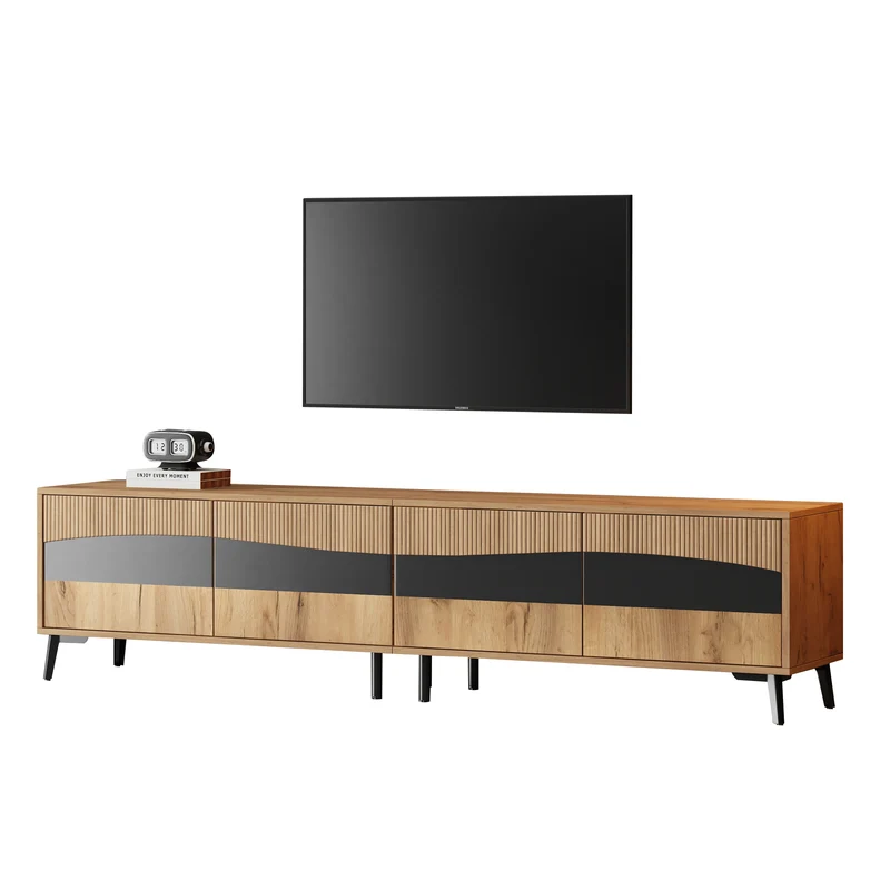 Meuble TV effet bois design symétrique 4 portes 180x40x50cm RIFTKAELISYNATH