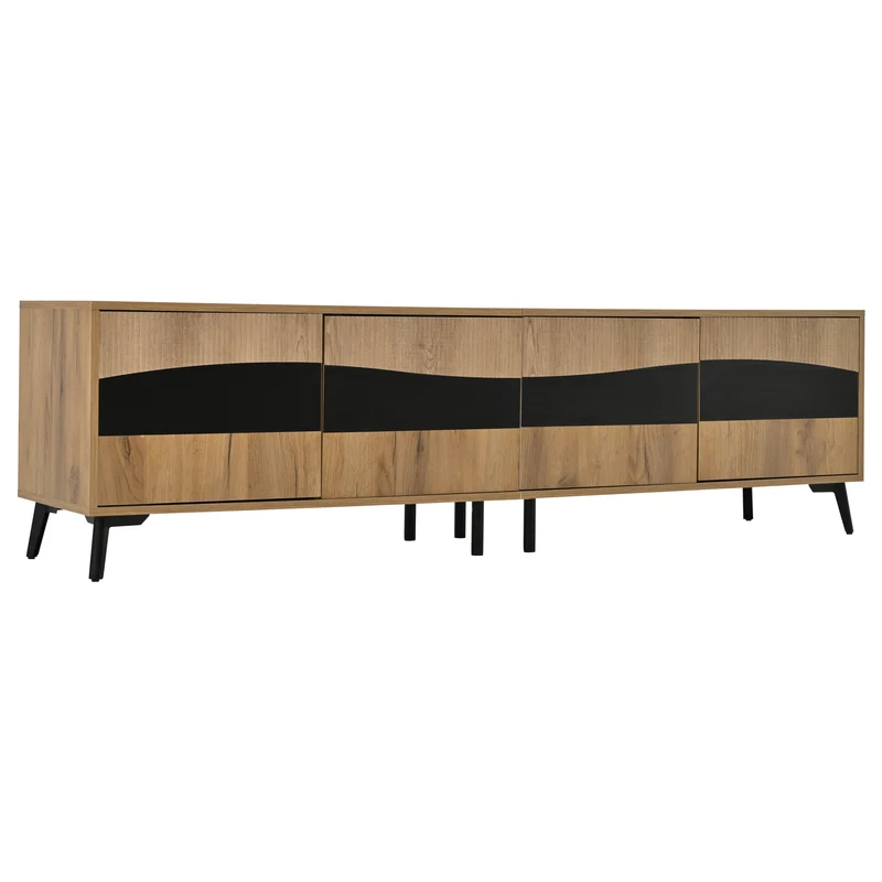 Meuble TV effet bois design symétrique 4 portes 180x40x50cm RIFTKAELISYNATH