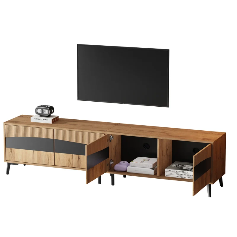 Meuble TV effet bois design symétrique 4 portes 180x40x50cm RIFTKAELISYNATH