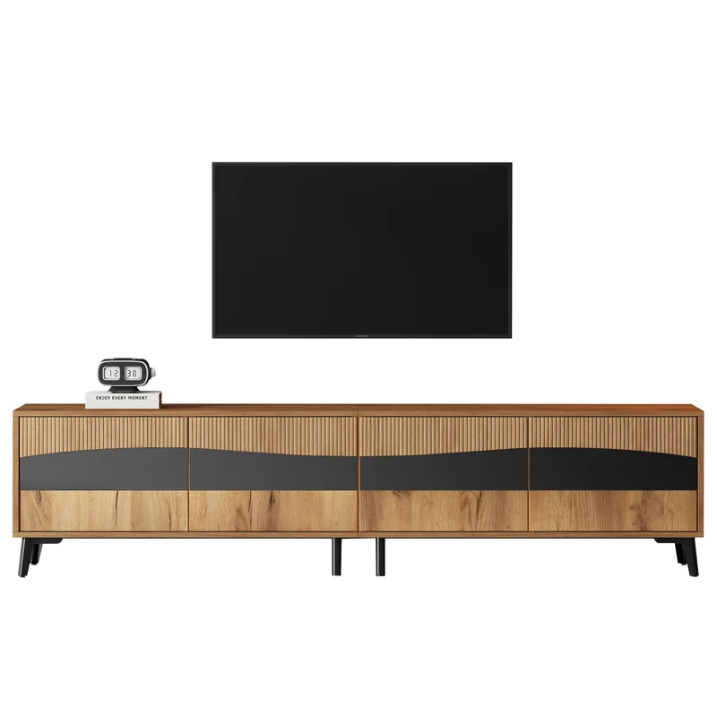 Meuble TV effet bois design symétrique 4 portes 180x40x50cm RIFTKAELISYNATH