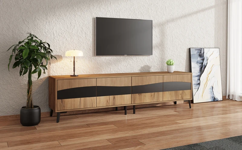 Meuble TV effet bois design symétrique 4 portes 180x40x50cm RIFTKAELISYNATH