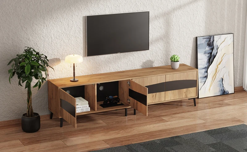 Meuble TV effet bois design symétrique 4 portes 180x40x50cm RIFTKAELISYNATH