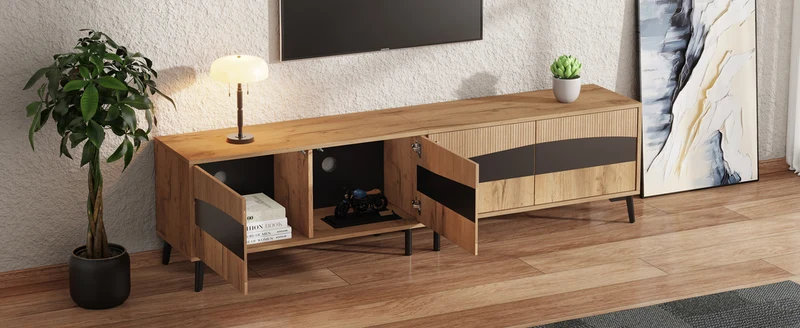 Meuble TV effet bois design symétrique 4 portes 180x40x50cm RIFTKAELISYNATH