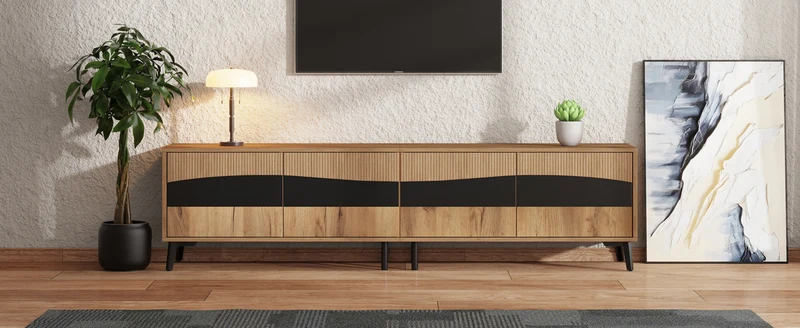 Meuble TV effet bois design symétrique 4 portes 180x40x50cm RIFTKAELISYNATH