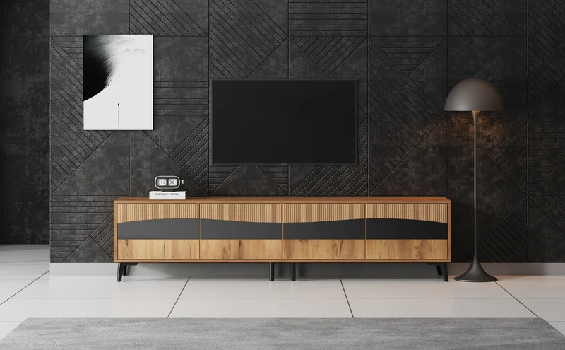 Meuble TV effet bois design symétrique 4 portes 180x40x50cm RIFTKAELISYNATH