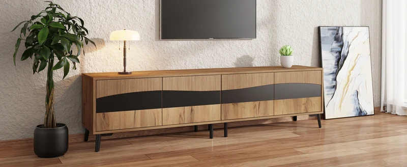 Meuble TV effet bois design symétrique 4 portes 180x40x50cm RIFTKAELISYNATH