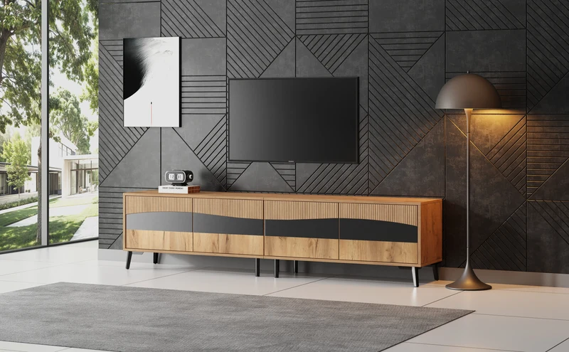 Meuble TV effet bois design symétrique 4 portes 180x40x50cm RIFTKAELISYNATH