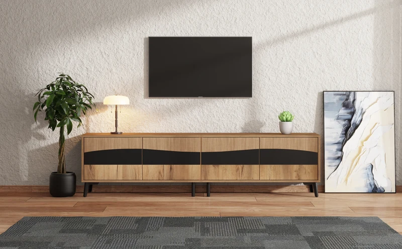 Meuble TV effet bois design symétrique 4 portes 180x40x50cm RIFTKAELISYNATH