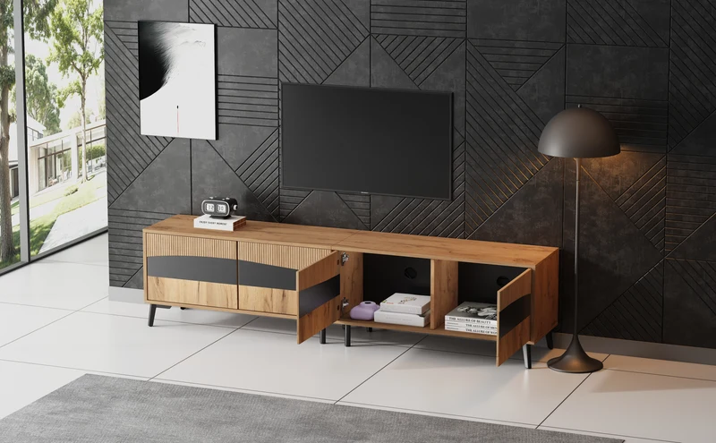 Meuble TV effet bois design symétrique 4 portes 180x40x50cm RIFTKAELISYNATH