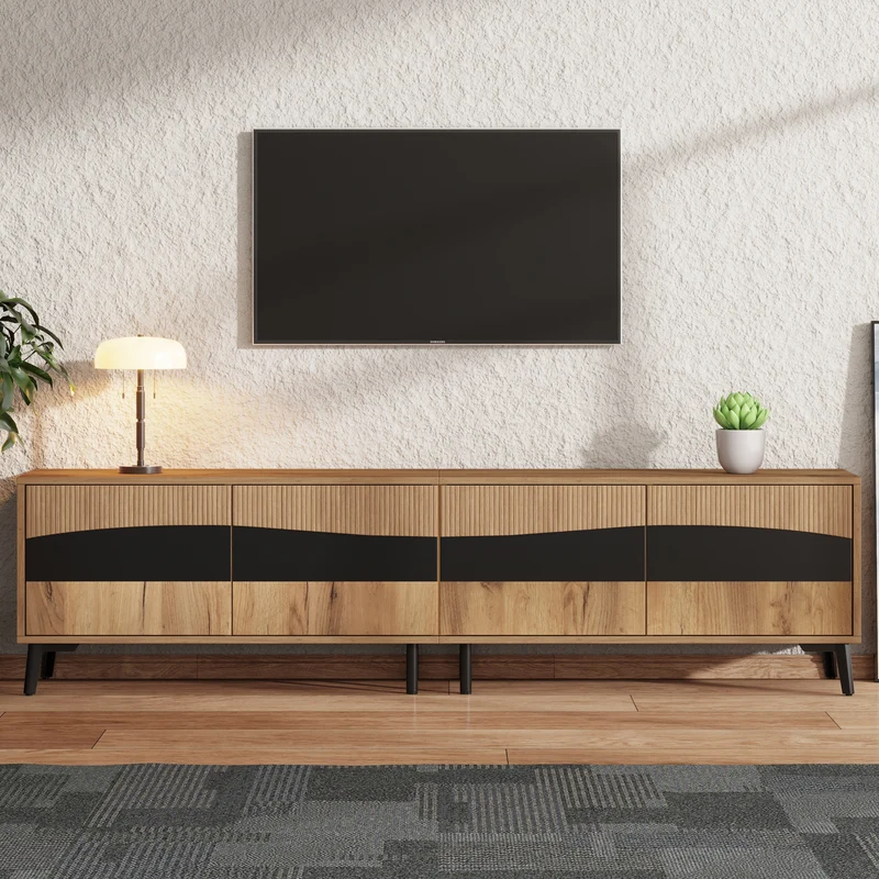 Meuble TV effet bois design symétrique 4 portes 180x40x50cm RIFTKAELISYNATH