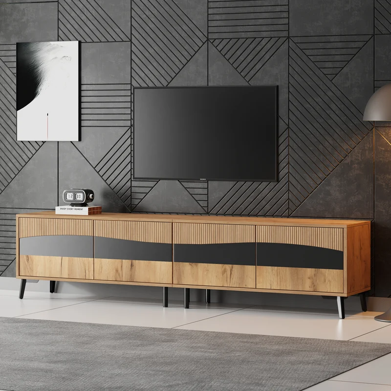 Meuble TV effet bois design symétrique 4 portes 180x40x50cm RIFTKAELISYNATH