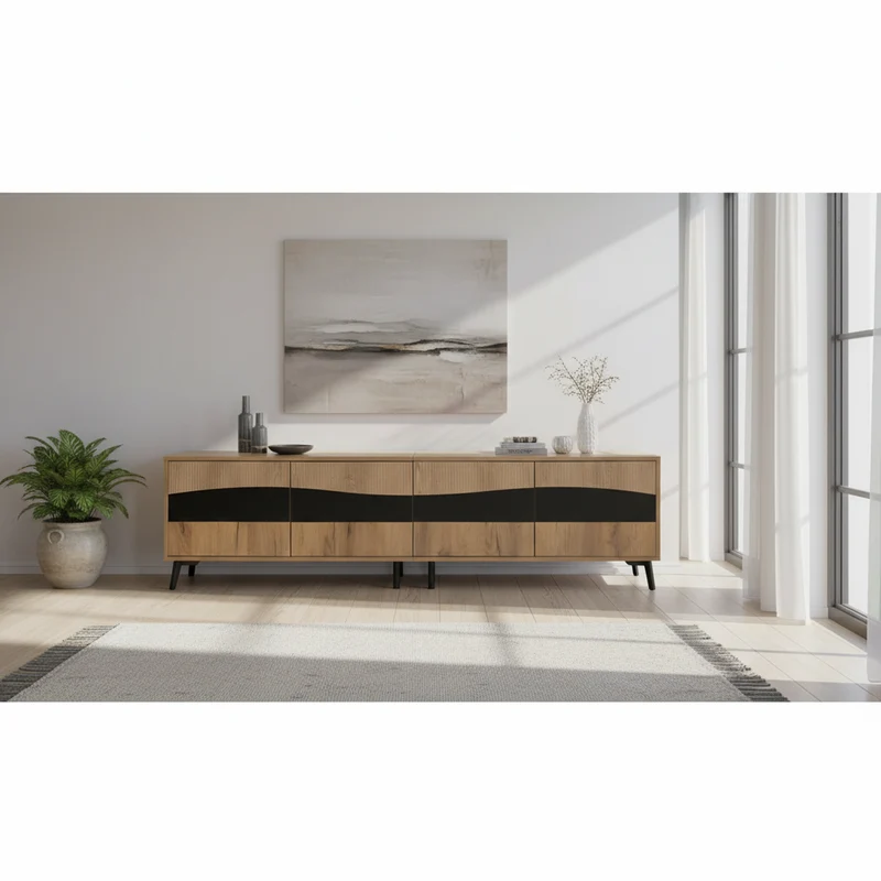 Meuble TV effet bois design symétrique 4 portes 180x40x50cm RIFTKAELISYNATH