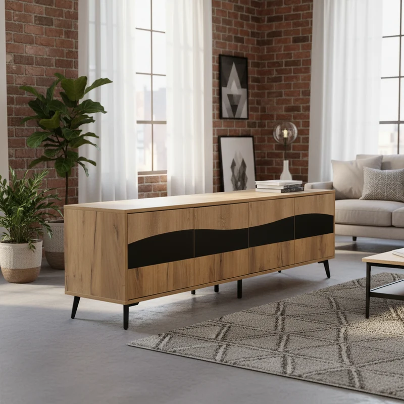 Meuble TV effet bois design symétrique 4 portes 180x40x50cm RIFTKAELISYNATH