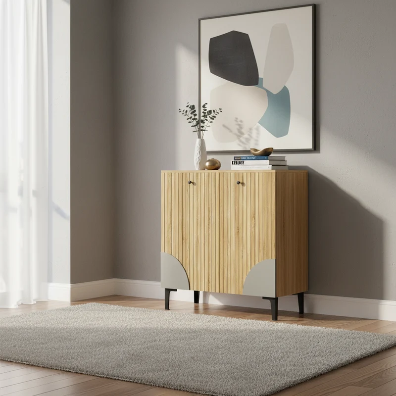 Meuble à chaussures effet bois avec 3 portes cannelées 90x32x94cm RIFTZORVAK