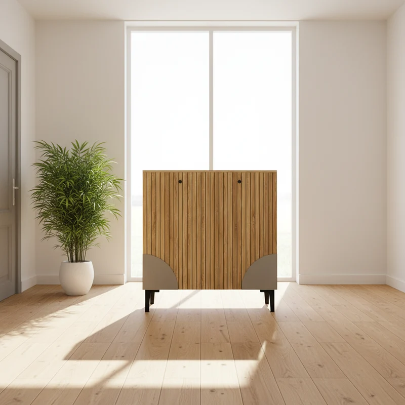 Meuble à chaussures effet bois avec 3 portes cannelées 90x32x94cm RIFTZORVAK
