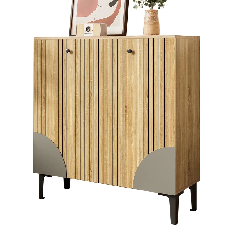 Meuble à chaussures effet bois avec 3 portes cannelées 90x32x94cm RIFTZORVAK