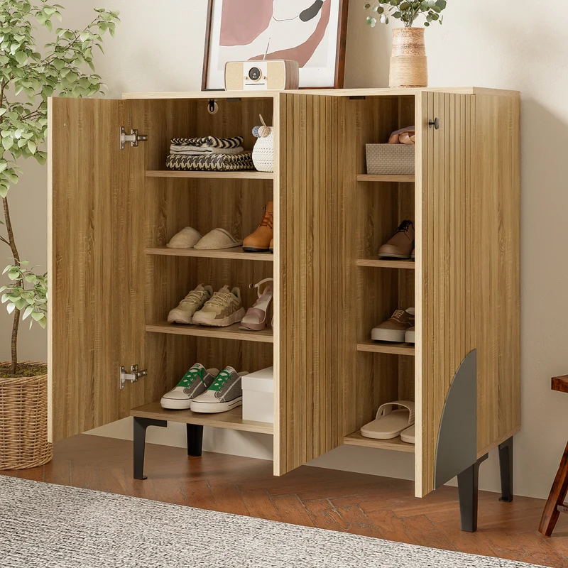Meuble à chaussures effet bois avec 3 portes cannelées 90x32x94cm RIFTZORVAK