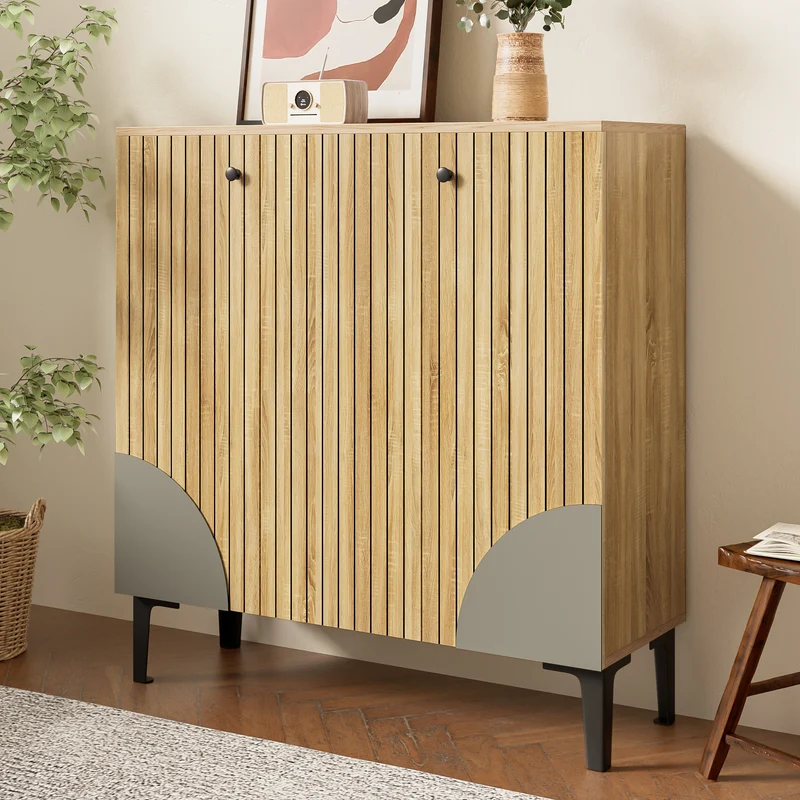 Meuble à chaussures effet bois avec 3 portes cannelées 90x32x94cm RIFTZORVAK