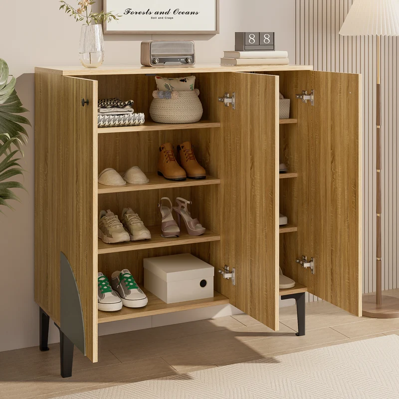 Meuble à chaussures effet bois avec 3 portes cannelées 90x32x94cm RIFTZORVAK