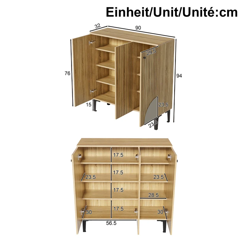 Meuble à chaussures effet bois avec 3 portes cannelées 90x32x94cm RIFTZORVAK