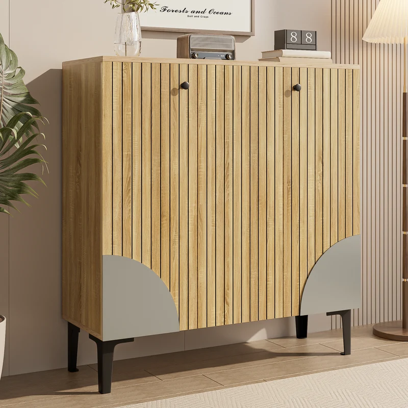 Meuble à chaussures effet bois avec 3 portes cannelées 90x32x94cm RIFTZORVAK