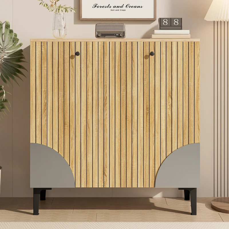Meuble à chaussures effet bois avec 3 portes cannelées 90x32x94cm RIFTZORVAK