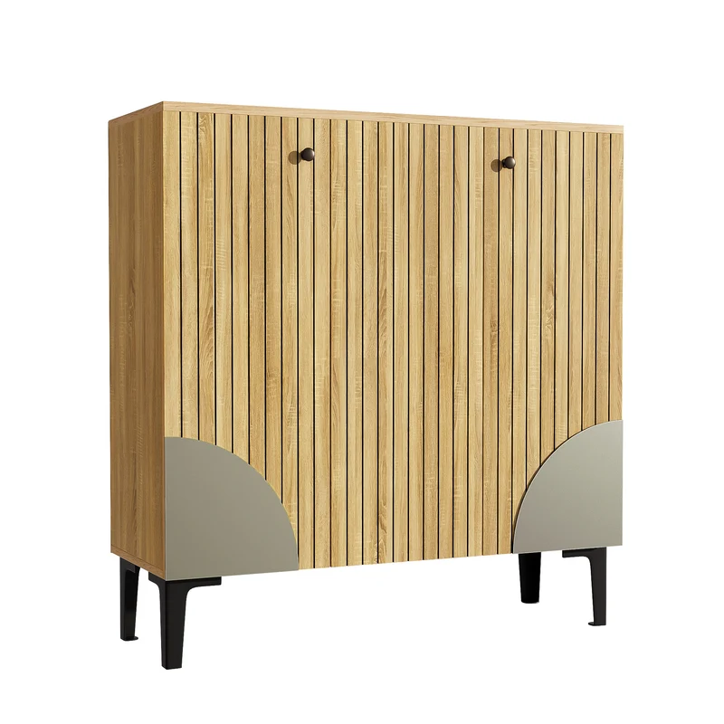 Meuble à chaussures effet bois avec 3 portes cannelées 90x32x94cm RIFTZORVAK