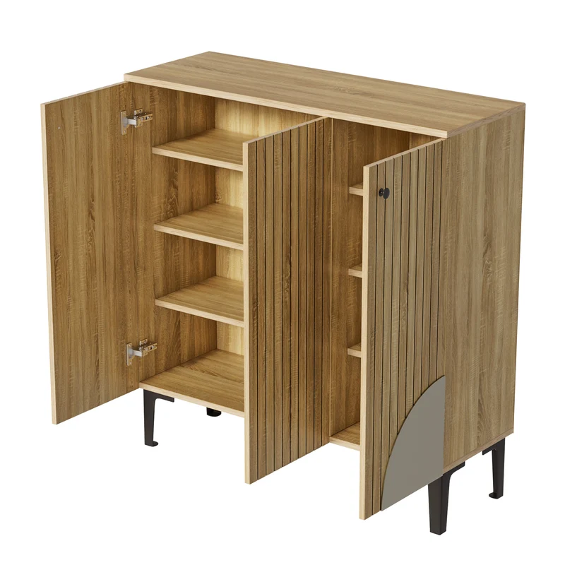 Meuble à chaussures effet bois avec 3 portes cannelées 90x32x94cm RIFTZORVAK