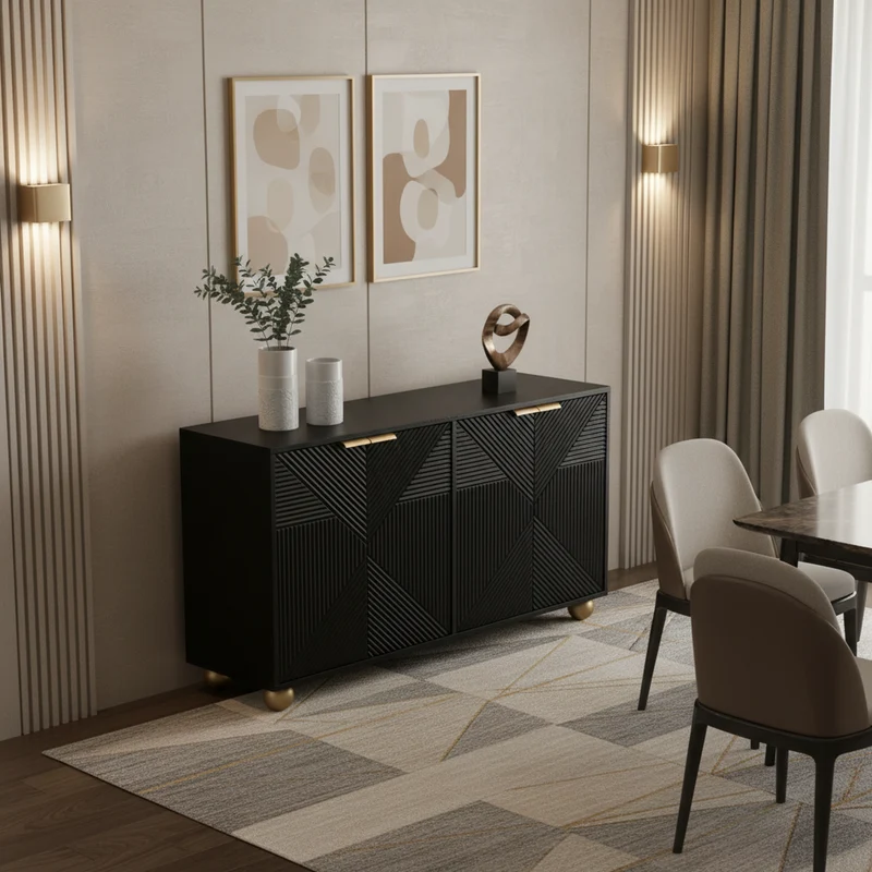 Buffet noir art déco 4 portes sculptées pieds boule, poignées dorés 120x35x71,5cm RIFTZORATHYNOR