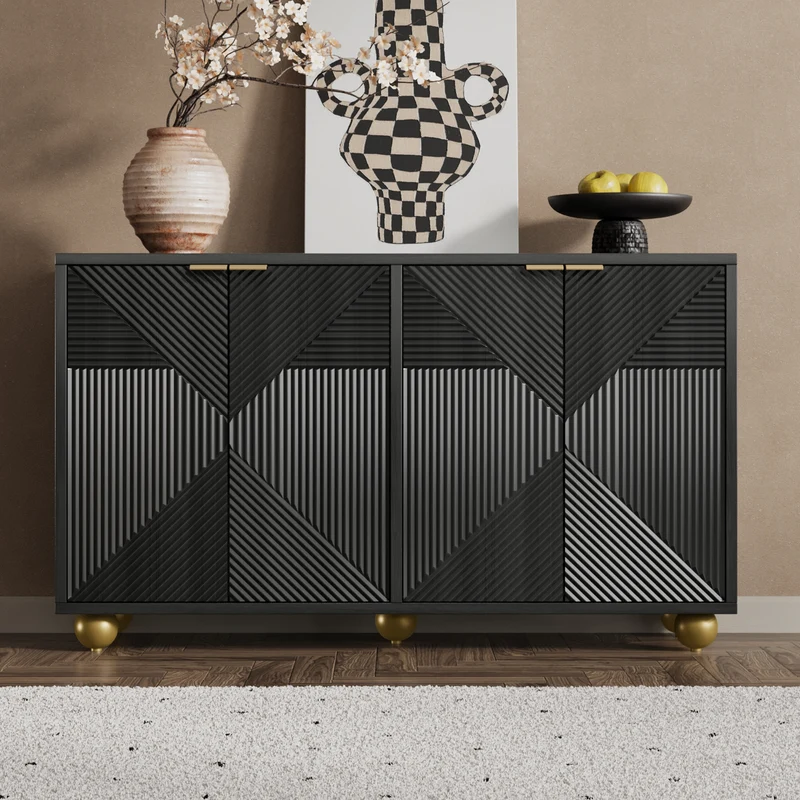 Buffet noir art déco 4 portes sculptées pieds boule, poignées dorés 120x35x71,5cm RIFTZORATHYNOR