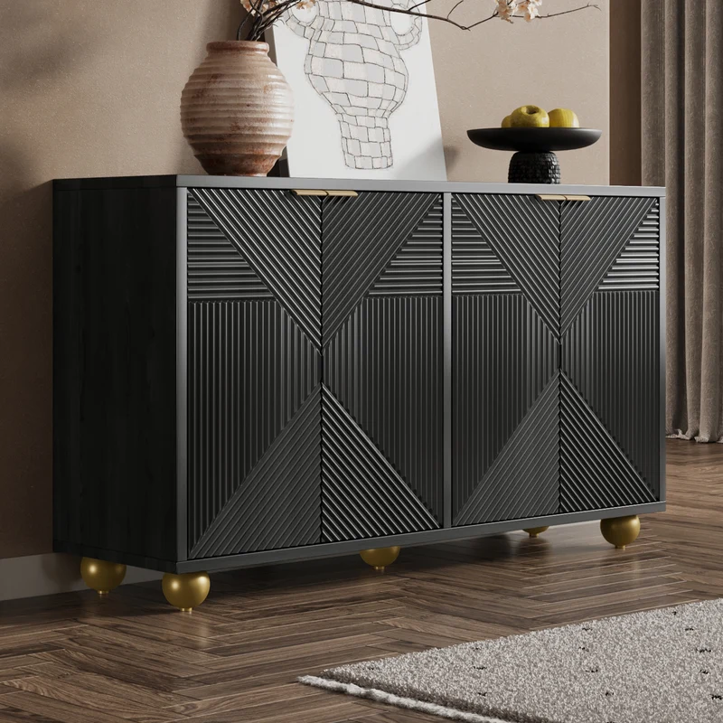 Buffet noir art déco 4 portes sculptées pieds boule, poignées dorés 120x35x71,5cm RIFTZORATHYNOR